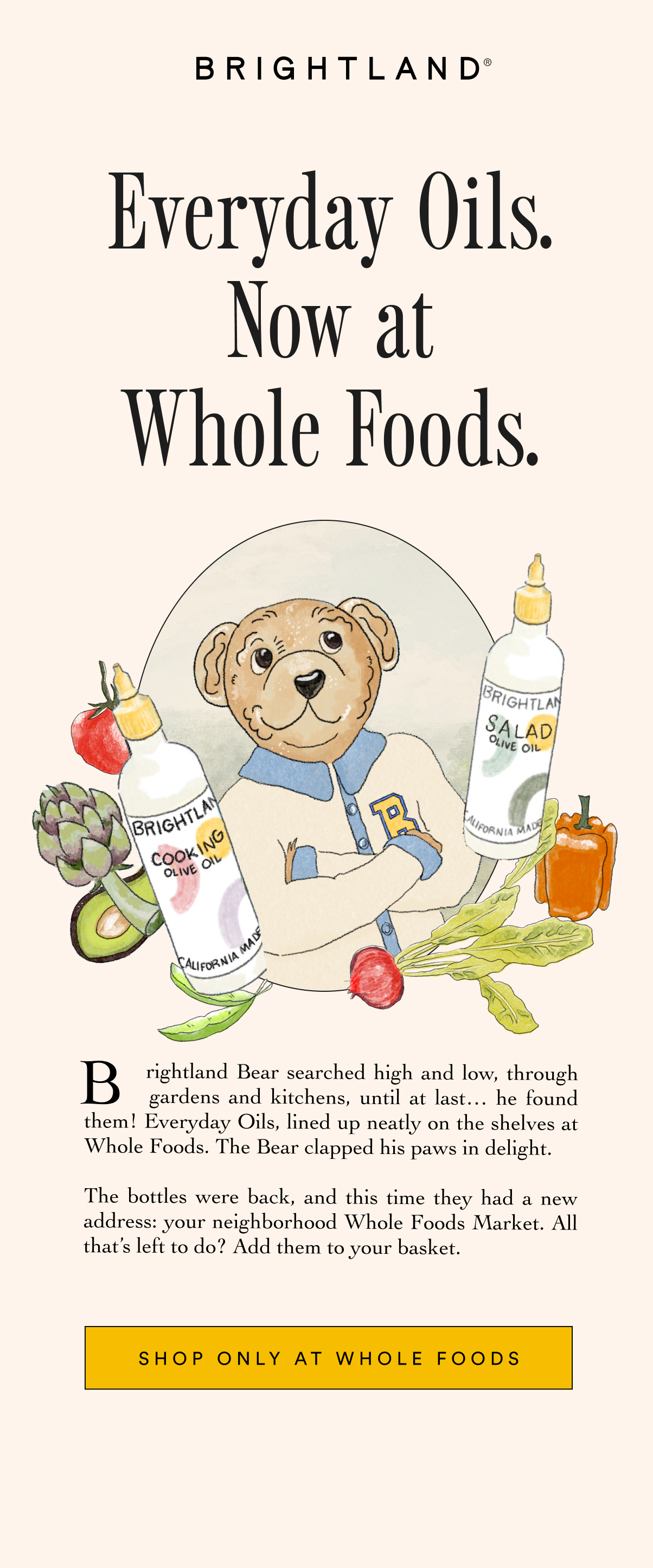 Everyday Oils. Now at Whole Foods. Brightland Bear searched high and low, through      .       gardens and kitchens, until at last… he found them! Everyday Oils, lined up neatly on the shelves at Whole Foods. The Bear clapped his paws in delight.   The bottles were back, and this time they had a new address: your neighborhood Whole Foods Market. All that’s left to do? Add them to your basket.” SHOP ONLY AT WHOLE FOODS