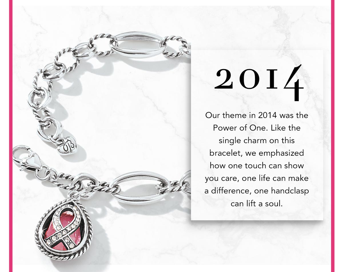 Two Thousand Fourteen: Our theme in Two Thousand Fourteen was the Power of One. Like the single charm on this bracelet, we emphasized how one touch can show you care, one life can make a difference, one handclasp can lift a soul.