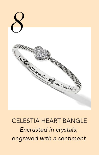 Eight: Celestia Heart Bangle - Encrusted in crystals; engraved with a sentiment.