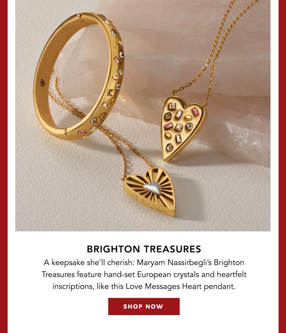 Brighton Treasures - A keepsake she'll cherish: Maryam Nassirbegli's Brighton Treasures feature hand-set European crystals and heartfelt inscriptions, like this Love Messages Heart pendant. - Shop Now