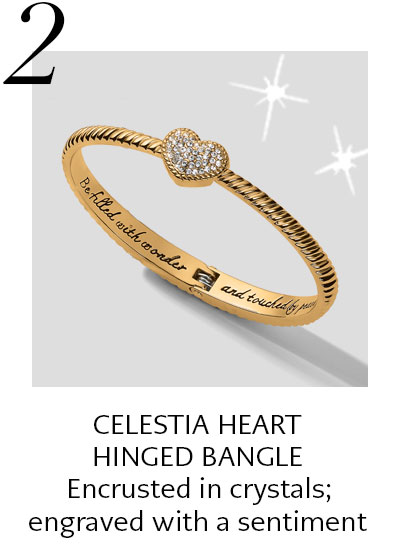 Two: Celestia Heart Hinged Bangle - Encrusted in crystals; engraved with a sentiment