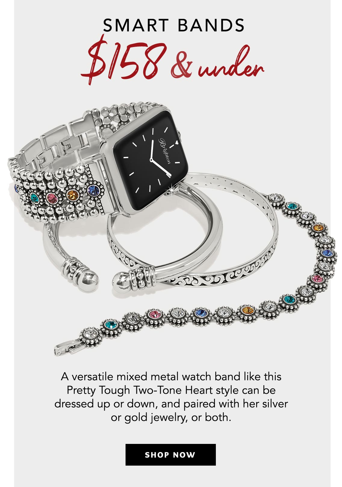 Smart Bands One Hundred Fifty Eight Dollars and Under - A versatile mixed metal watch band like this Pretty Tough Two-Tone Heart style can be dressed up or down, and paired with her silver or gold jewelry, or both. - Shop Now