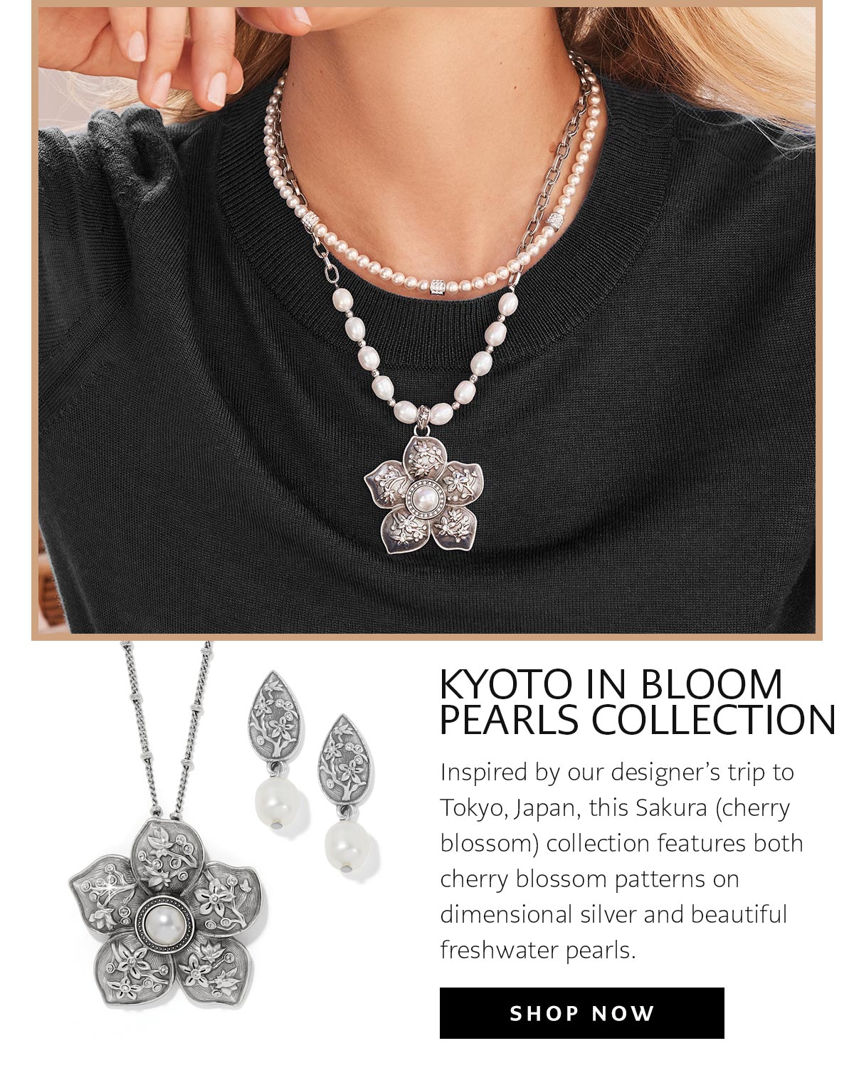 Kyoto In Bloom Pearls Collection - Inspired by our designer's trip to Tokyo, Japan, this Sakura (cherry blossom) collection features both cherry blossom patterns on dimensional silver and beautiful freshwater pearls. - Shop Now
