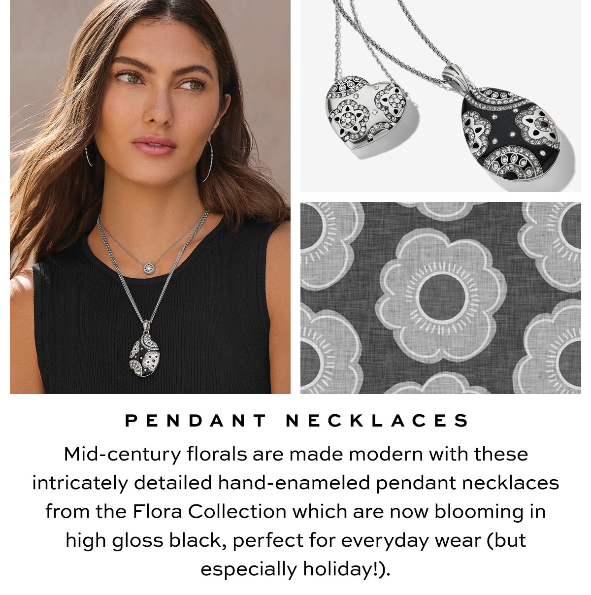 Pendant Necklaces - Mid-century florals are made modern with these intricately detailed hand-enameled pendant necklaces from the Flora Collection which are now blooming in high gloss black, perfect for everyday wear (but especially holiday!). - Shop Now