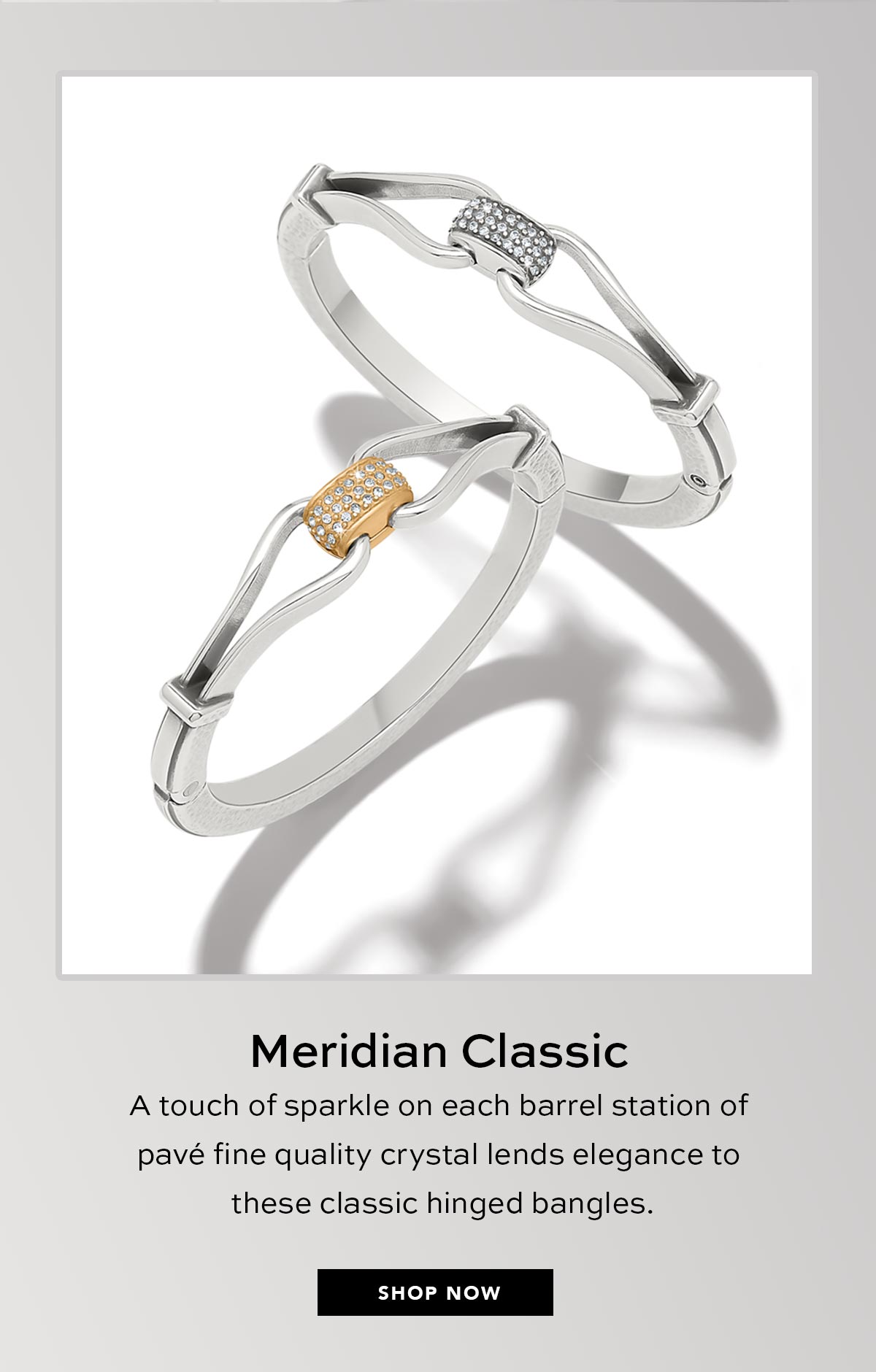 Meridian Classic - A touch of sparkle on each barrel station of pave fine quality crystal lends elegance to these classic hinged bangles. - Shop Now