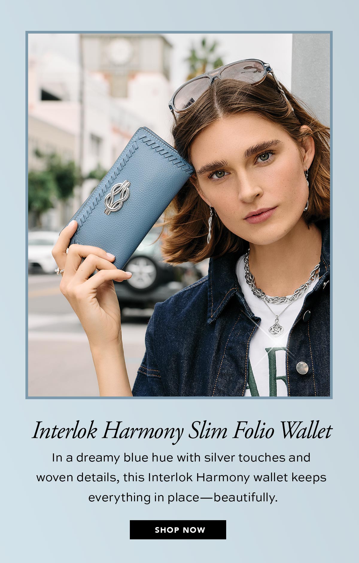 Interlok Harmony Slim Folio Wallet - In a dreamy blue hue with silver touches and woven details, this Interlok Harmony wallet keeps everything in place - beautifully. - Shop Now