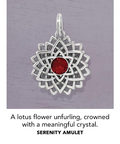 A lotus flower unfurling, crowned with a meaningful crystal. - Serenity Amulet