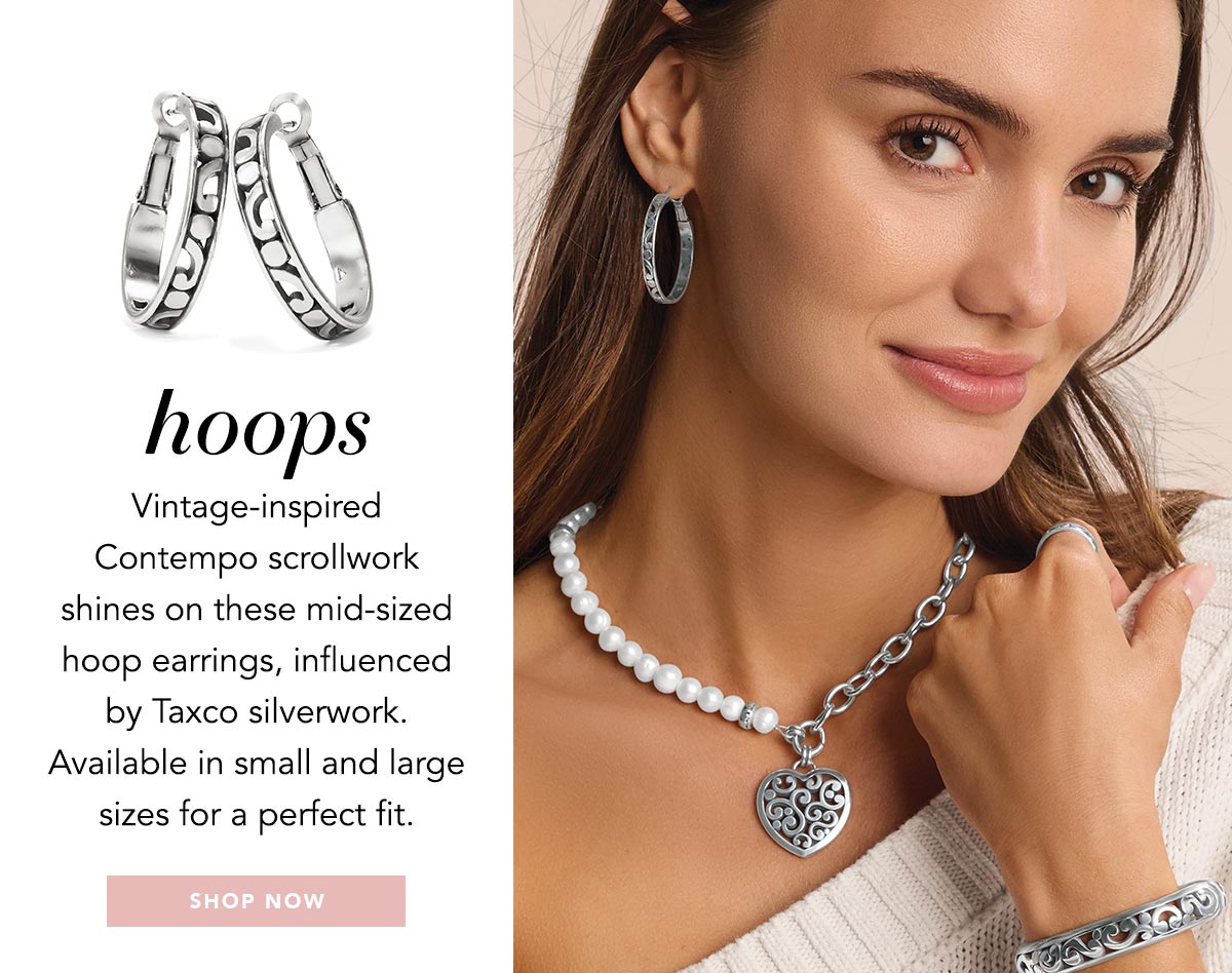 Hoops - Vintage-inspired Contempo scrollwork shines on these mid-sized hoop earrings, influenced by Taxco silverwork. Available in small and large sizes for a perfect fit. - Shop Now