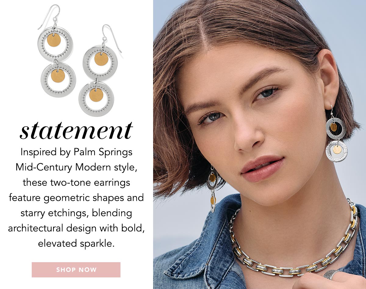 Statement - Inspired by Palm Springs Mid-Century Modern style, these two-tone earrings feature geometric shapes and starry etchings, blending architectural design with bold, elevated sparkle. - Shop Now