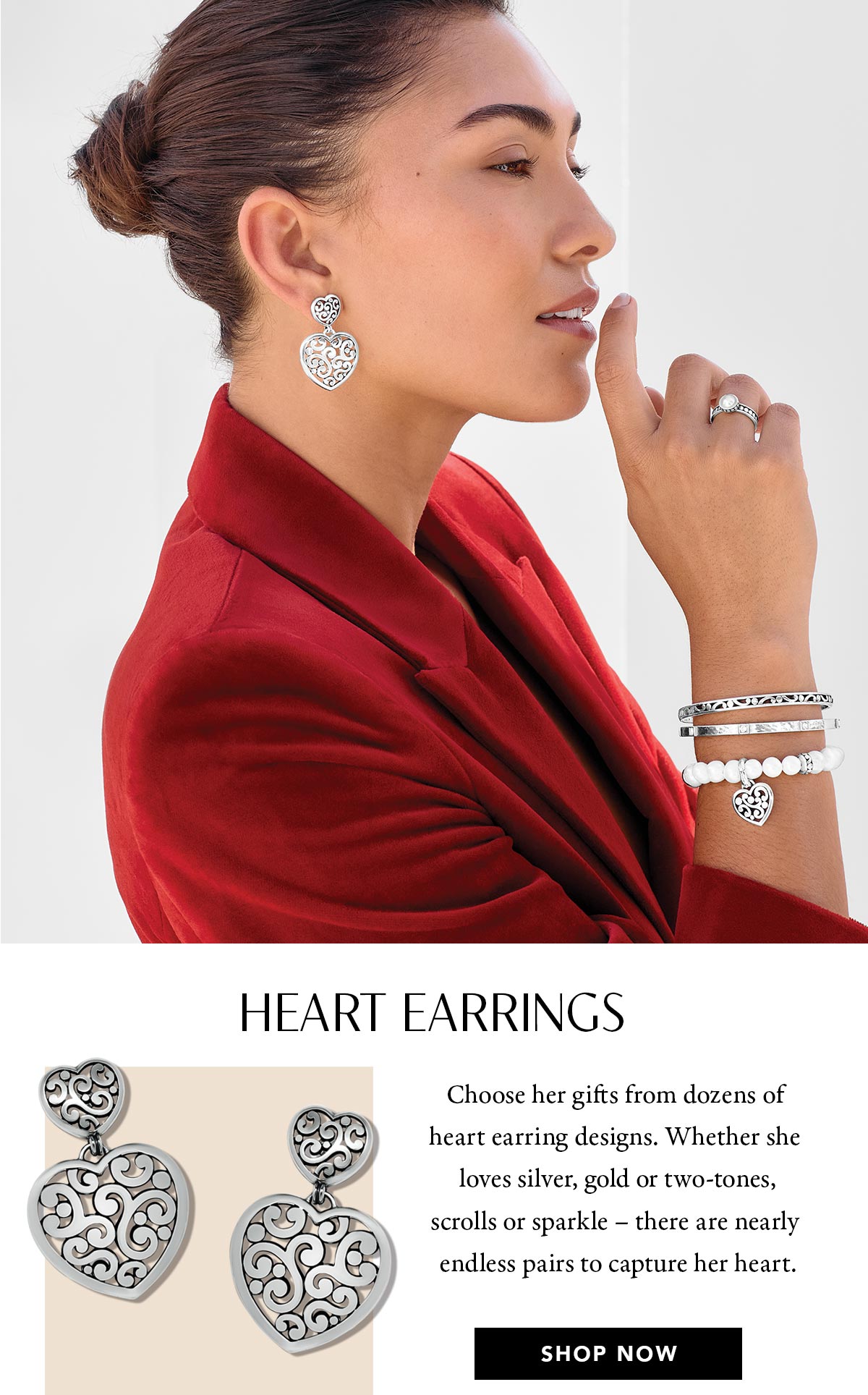 Heart Earrings - Choose her gifts from dozens of heart earring designs. Whether she loves silver, gold or two-tones, scrolls or sparkle - there are nearly endless pairs to capture her heart. - Shop Now