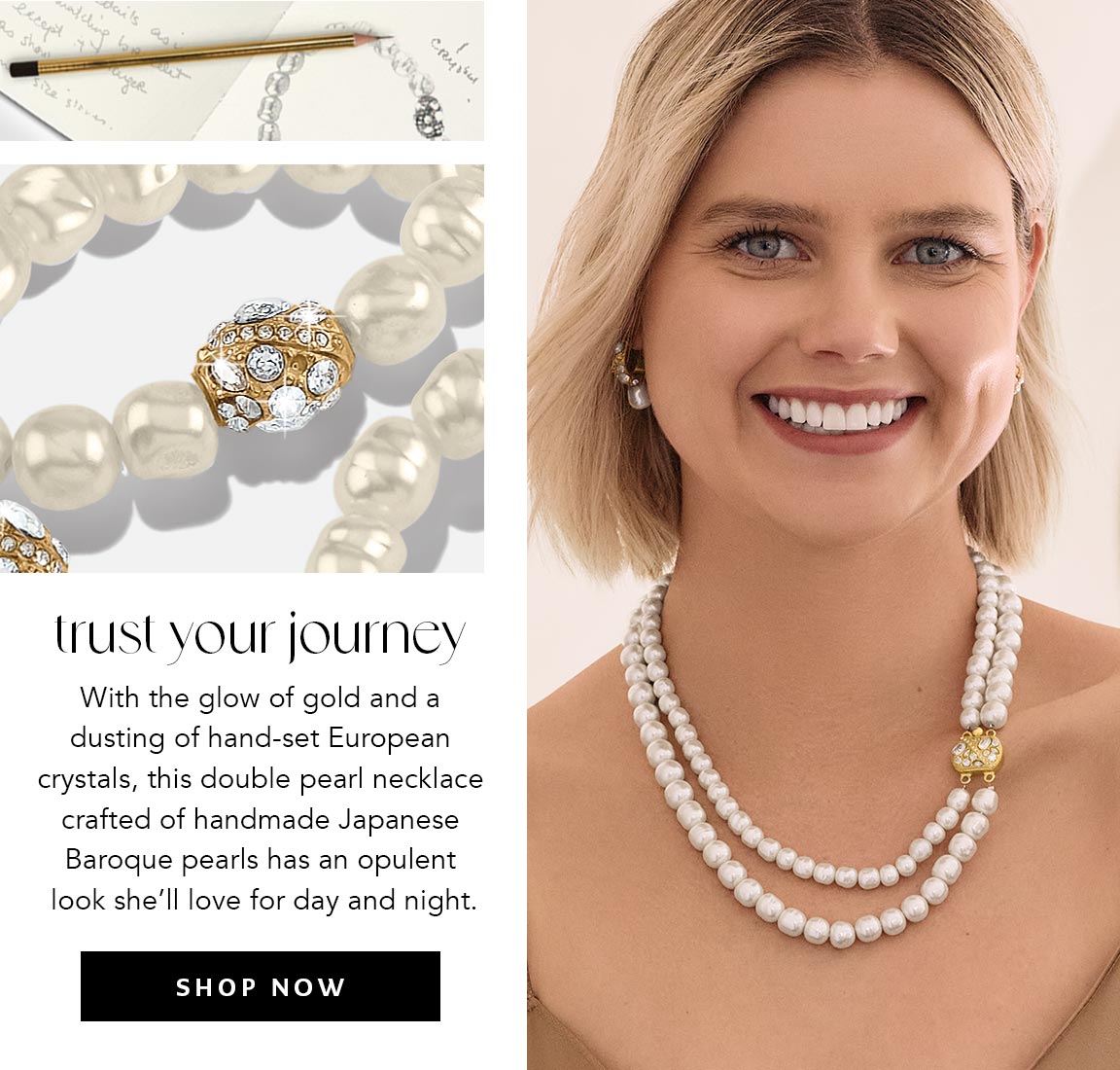Trust Your Journey - With the glow of gold and a dusting of hand-set European crystals, this double pearl necklace crafted of handmade Japanese Baroque pearls has an opulent look she'll love for day and night. - Shop Now