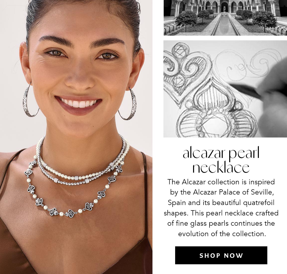 Alcazar Pearl Necklace - The Alcazar collection is inspired by the Alcazar Palace of Seville, Spain and its beautiful quatrefoil shapes. This pearl necklace crafted of fine glass pearls continues the evolution of the collection. - Shop Now