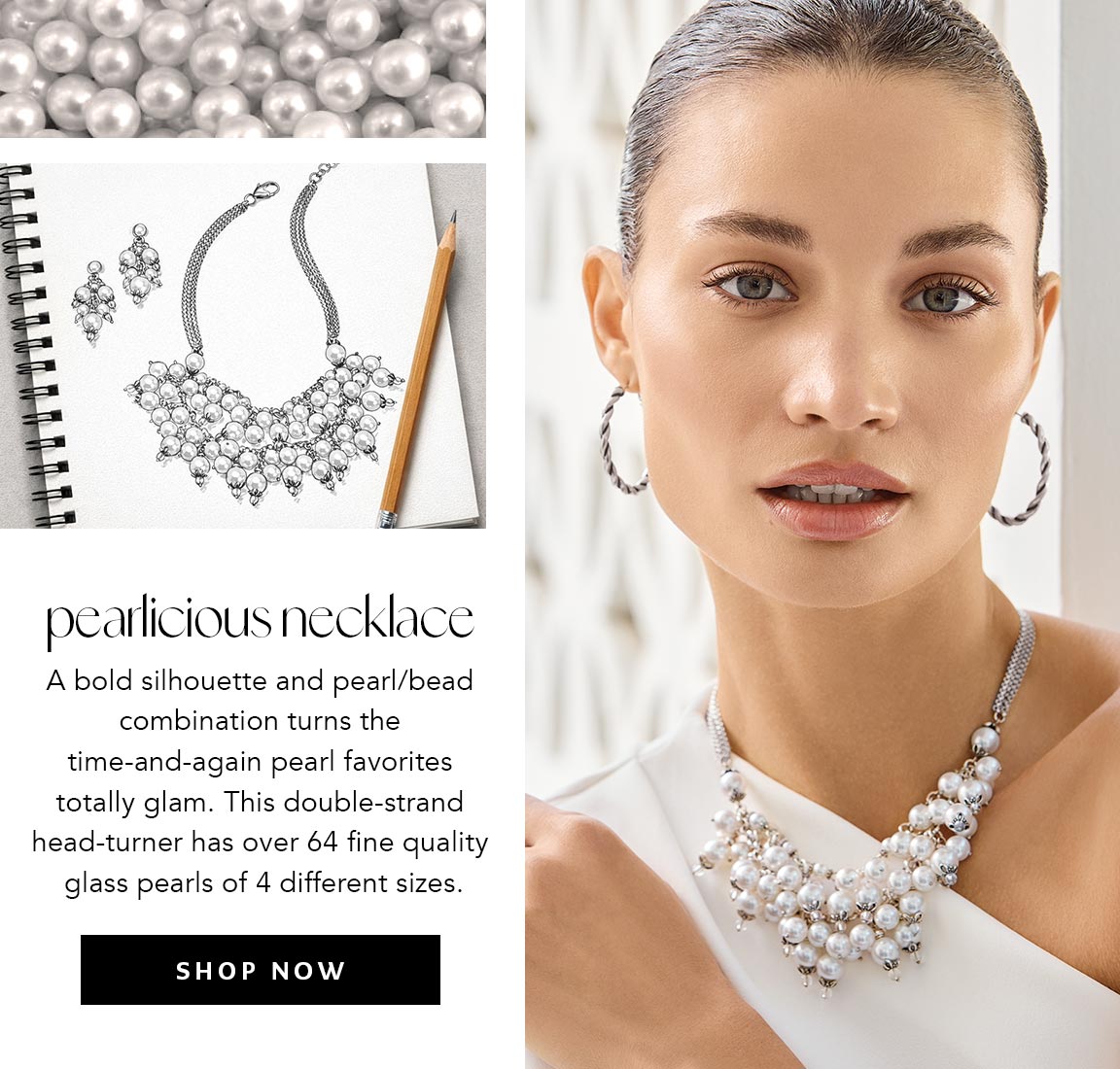 Pearlicious Necklace - A bold silhouette and pearl, bead combination turns the time-and-again pearl favorites totally glam. This double-strand head-turner has over sixty four fine quality glass pearls of four different sizes. - Shop Now