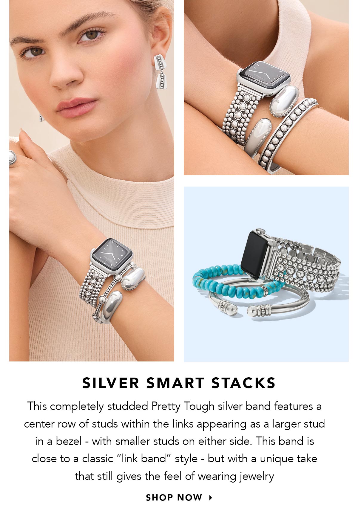 Silver Smart Stacks - This completely studded Pretty Tough silver band features a center row of studs within the links appearing as a larger stud in a bezel - with smaller studs on either side. This band is close to a classic "link band" style - but with a unique take that still gives the feel of wearing jewelry. - Shop Now