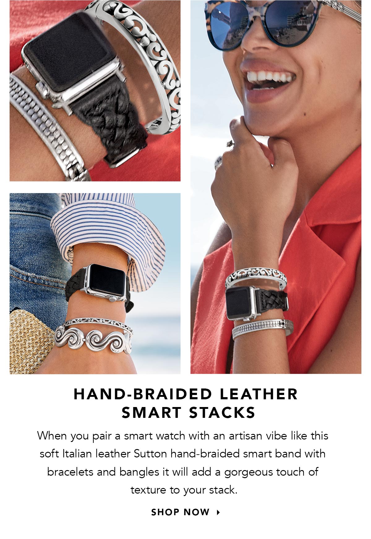 Hand-Braided Leather Smart Stacks - When you pair a smart watch with an artisan vibe like this soft Italian leather Sutton hand-braided smart band with bracelets and bangles it will add a gorgeous touch of texture to your stack. - Shop Now