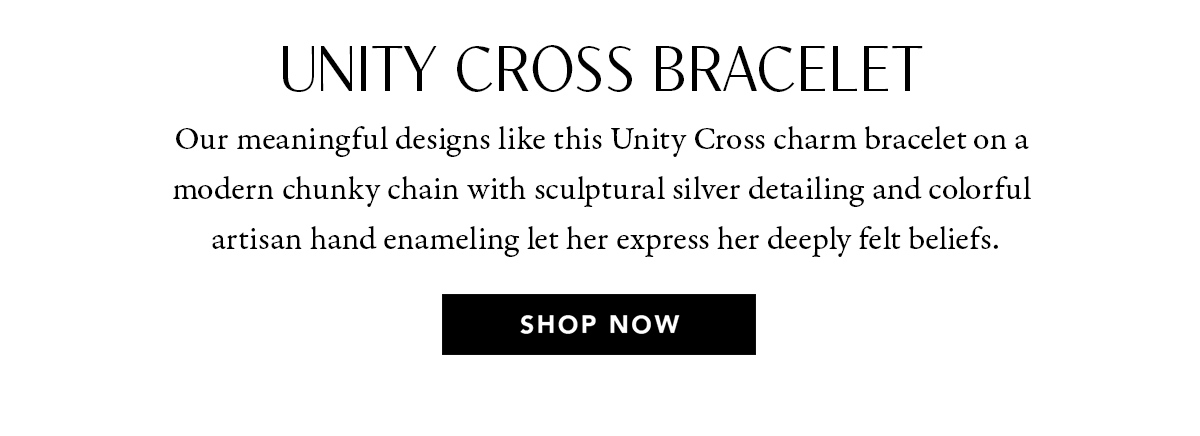 Unity Cross Bracelet - Our meaningful designs like this Unity Cross charm bracelet on a modern chunky chain with sculptural silver detailing and colorful artisan hand enameling let her express her deeply felt beliefs. - Shop Now