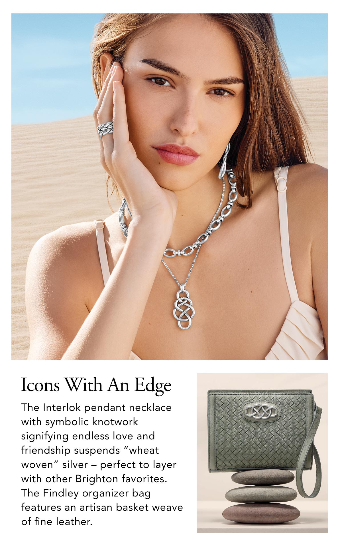 Icons With An Edge - The Interlok pendant necklace with symbolic knotwork signifying endless love and friendship suspends "wheat woven" silver - perfect to layer with other Brighton favorites. The Findley organizer bag features an artisan basket weave of fine leather. - Shop Now