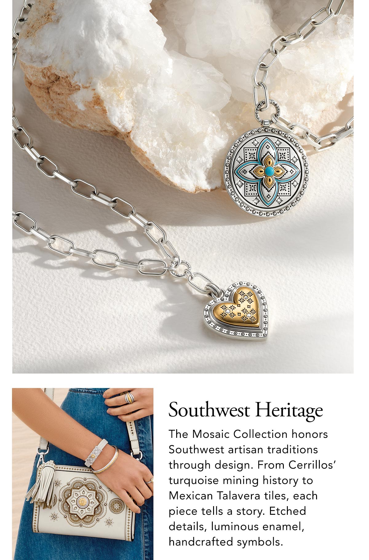 Southwest Heritage - The Mosaic Collection honors Southwest artisan traditions through design. From Cerrillos' turquoise mining history to Mexican Talavera tiles, each piece tells a story. Etched details, luminous enamel, handcrafted symbols. - Shop Now
