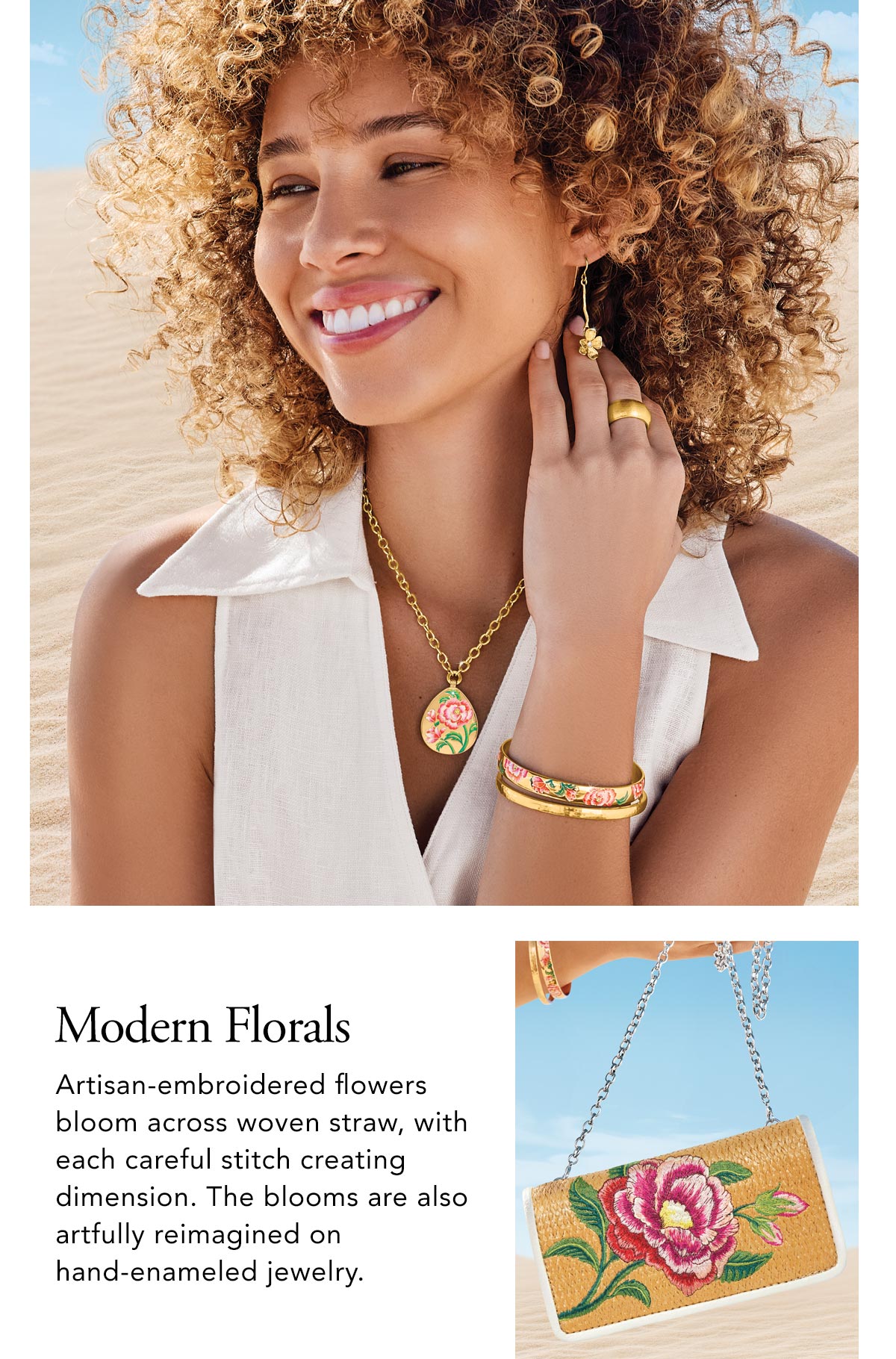 Modern Florals - Artisan-embroidered flowers bloom across woven straw, with each careful stitch creating dimension. The blooms are also artfully reimagined on hand-enameled jewelry. - Shop Now