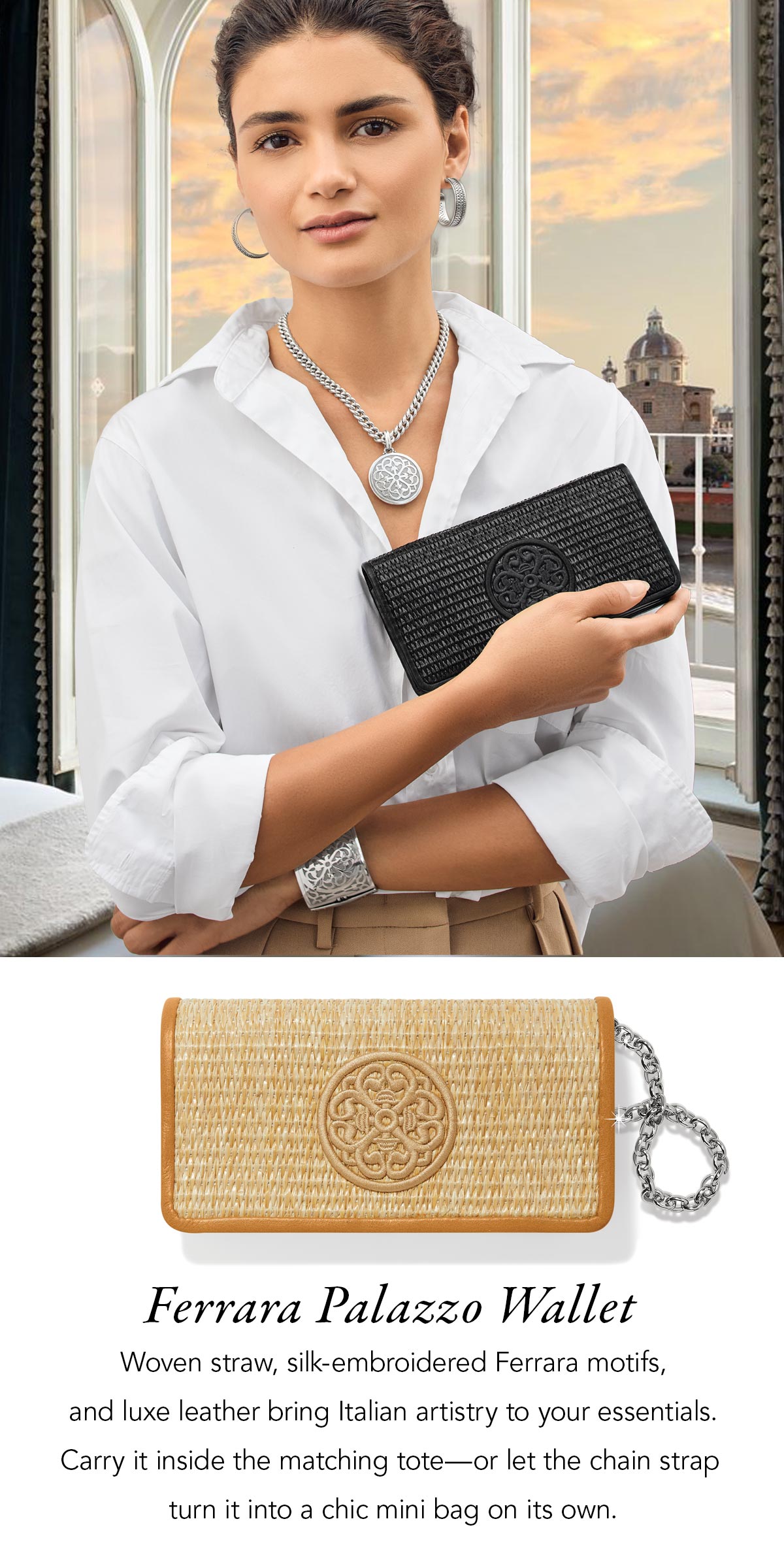 Ferrara Palazzo Wallet - Woven straw, silk-embroidered Ferrara motifs, and luxe leather bring Italian artistry to your essentials. Carry it inside the matching tote - or let the chain strap turn it into a chic mini bag on its own. - Shop Now