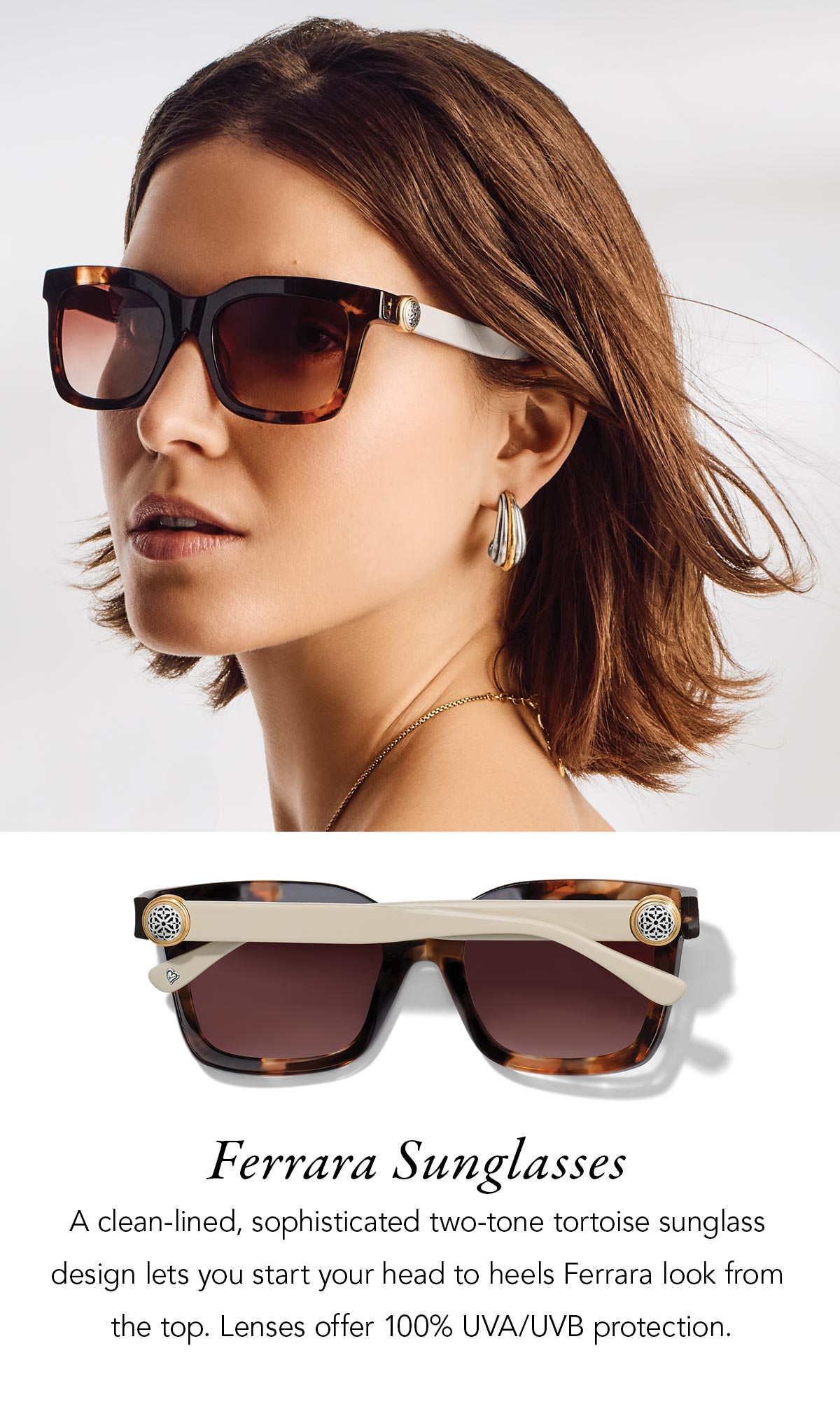 Ferrara Sunglasses - A clean-lined, sophisticated two-tone tortoise sunglass design lets you start your head to heels Ferrara look from the top. Lenses offer one-hundred percent U.V.A. and U.V.B. protection. - Shop Now