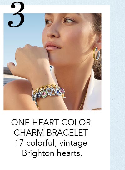 Three: One Heart Color Charm Bracelet: Seventeen colorful, vintage Brighton hearts.