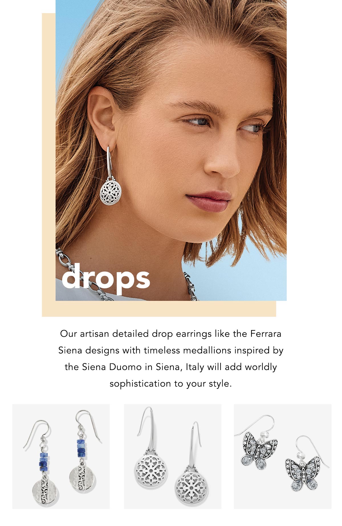 Drops - Our artisan detailed drop earrings like the Ferrara Siena designs with timeless medallions inspired by the Siena Duomo in Siena, Italy will add worldly sophistication to your style. - Shop Now