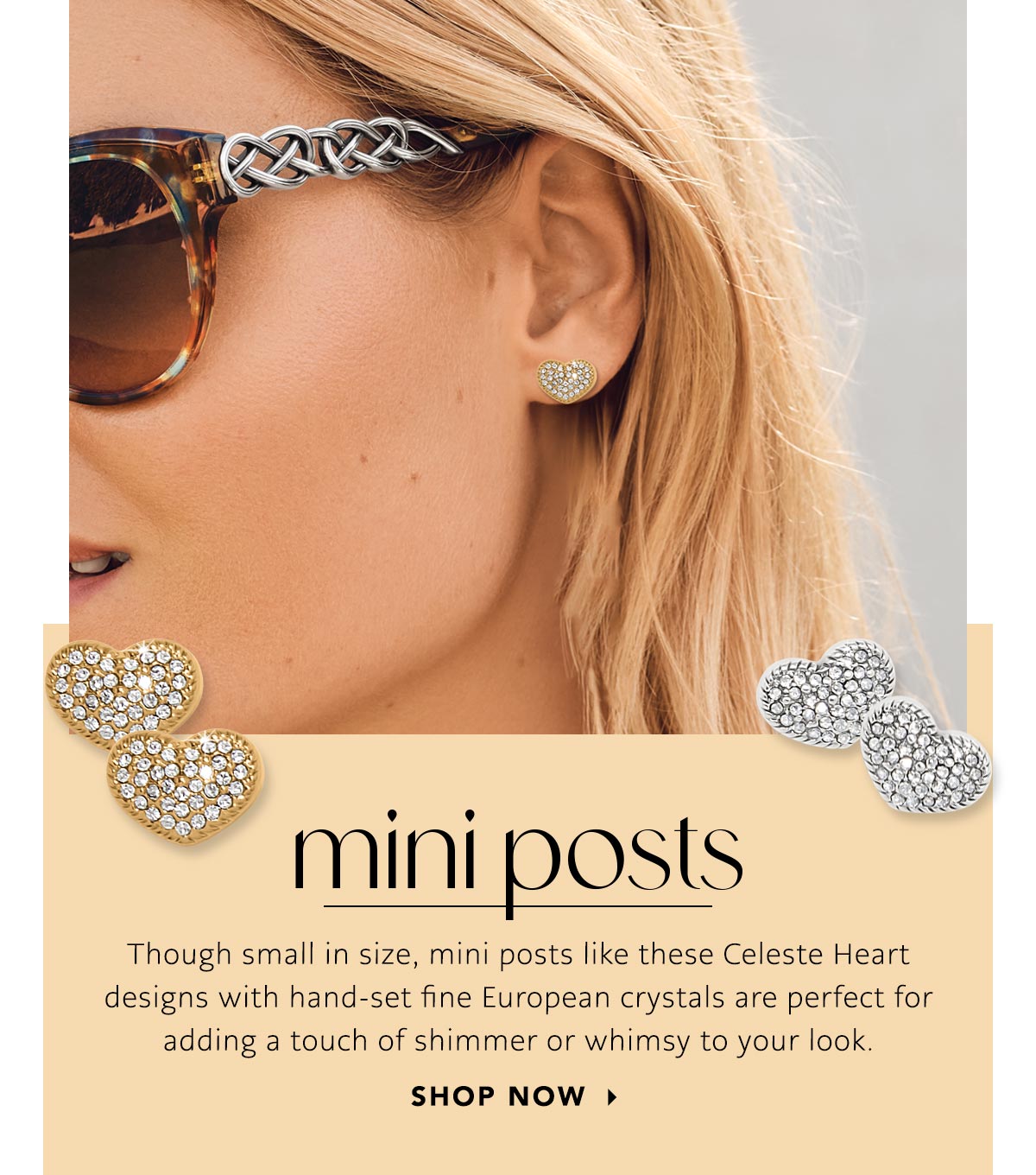 Mini Posts - Though small in size, mini posts like these Celeste Heart designs with hand-set fine European crystals are perfect for adding a touch of shimmer or whimsy to your look. - Shop Now