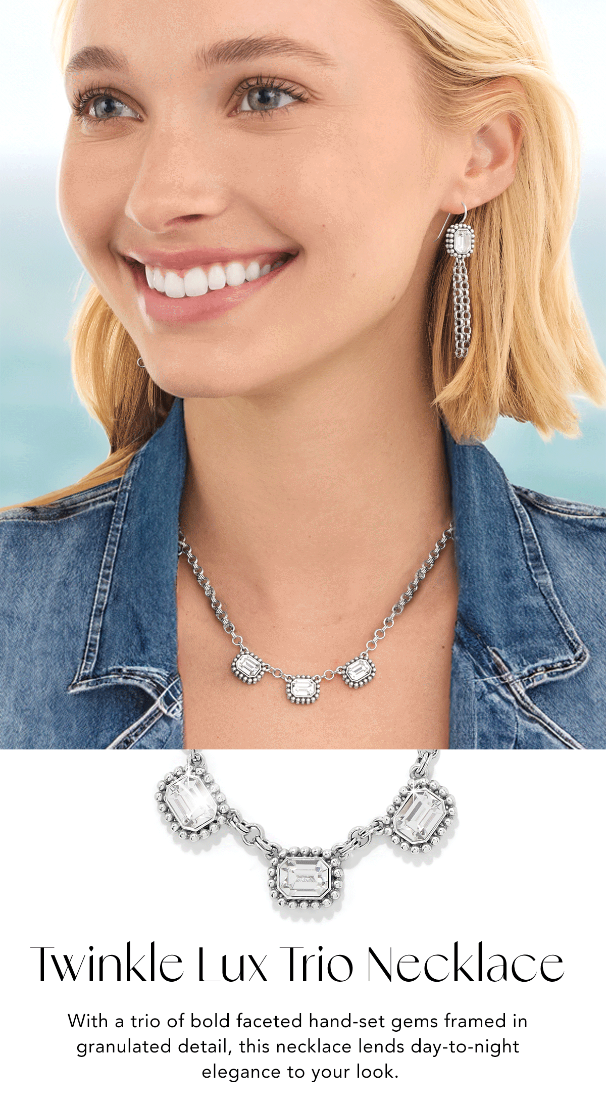 Twinkle Lux Trio Necklace - With a trio of bold faceted hand-set gems framed in granulated detail, this necklace lends day-to-night elegance to your look. - Shop Now