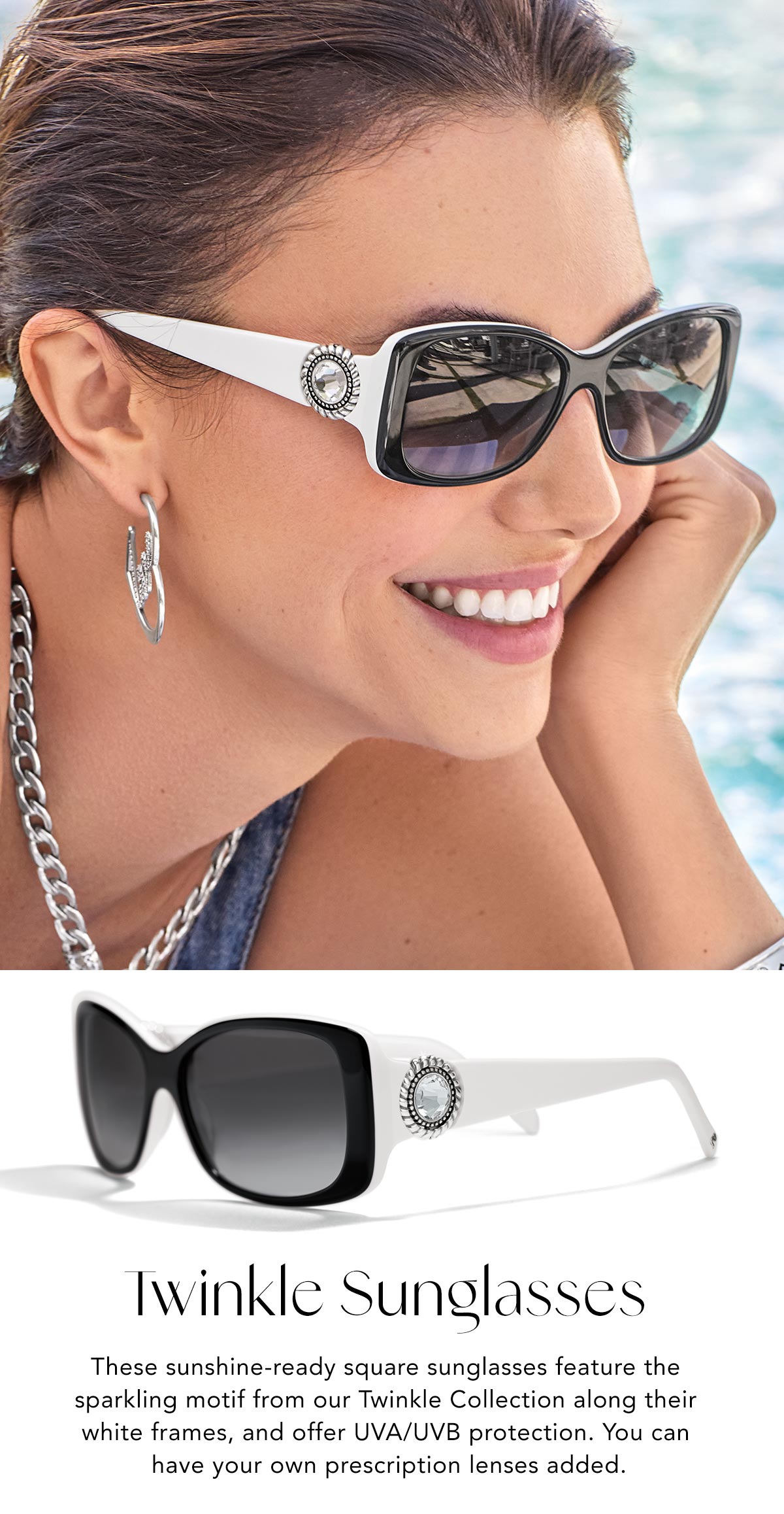 Twinkle Sunglasses - These sunshine-ready square sunglasses feature the sparkling motif from our Twinkle Collection along their white frames, and offer U.V.A. and U.V.B. protection. You can have your own prescription lenses added. - Shop Now