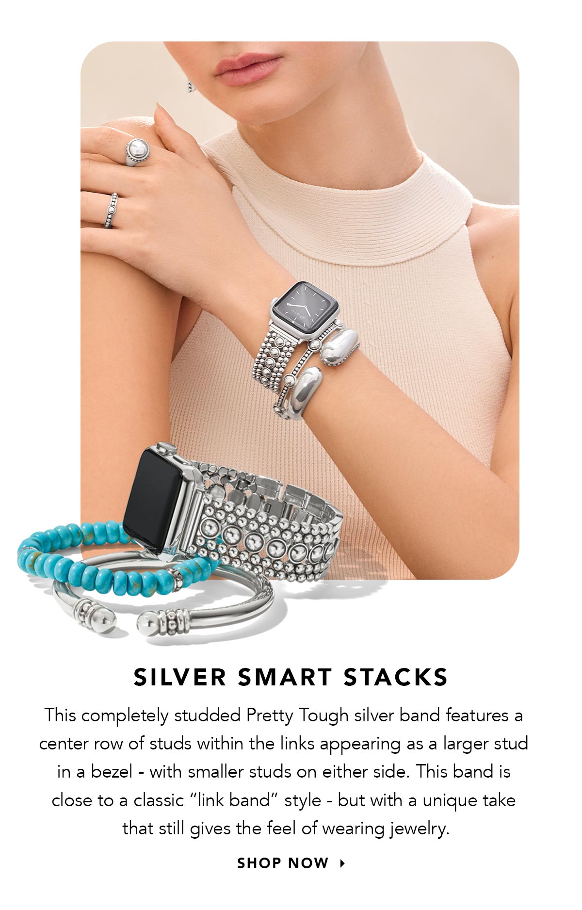 Silver Smart Stacks - This completely studded Pretty Tough silver band features a center row of studs within the links appearing as a larger stud in a bezel - with smaller studs on either side. This band is close to a classic "link band" style - but with a unique take that still gives the feel of wearing jewelry. - Shop Now