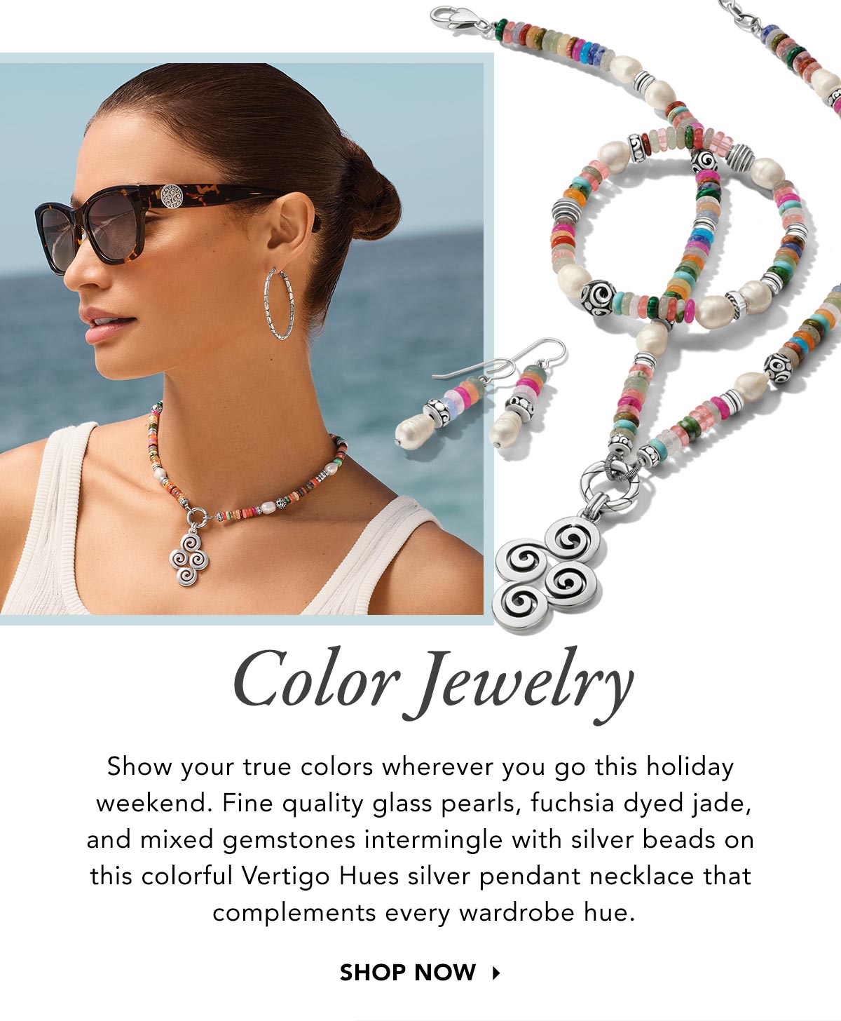 Color Jewelry - Show your true colors wherever you go this holiday weekend. Fine quality glass pearls, fuchsia dyed jade, and mixed gemstones intermingle with silver beads on this colorful Vertigo Hues silver pendant necklace that complements every wardrobe hue. - Shop Now