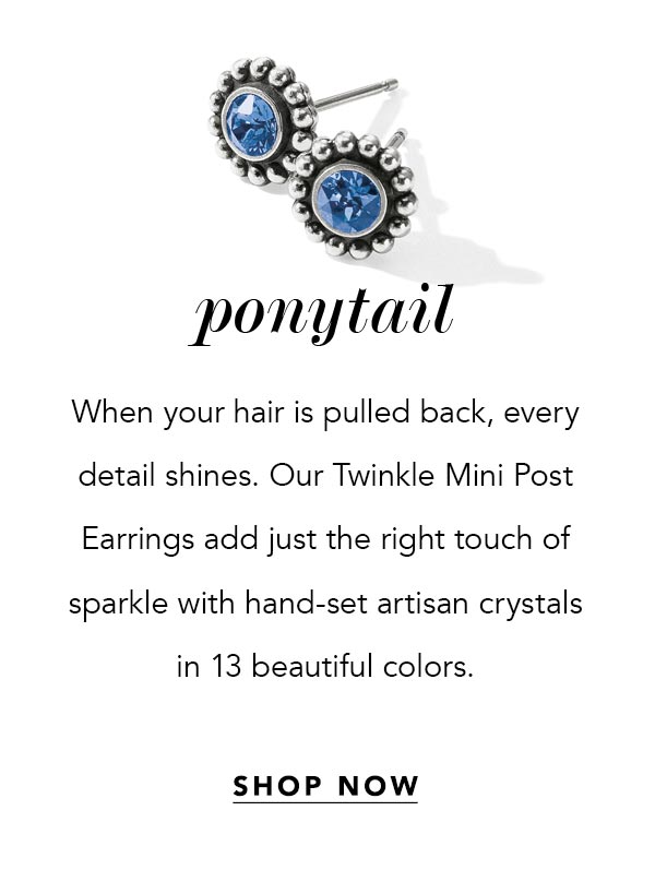 Ponytail - When your hair is pulled back, every detail shines. Our Twinkle Mini Post Earrings add just the right touch of sparkle with hand-set artisan crystals in thirteen beautiful colors. - Shop Now