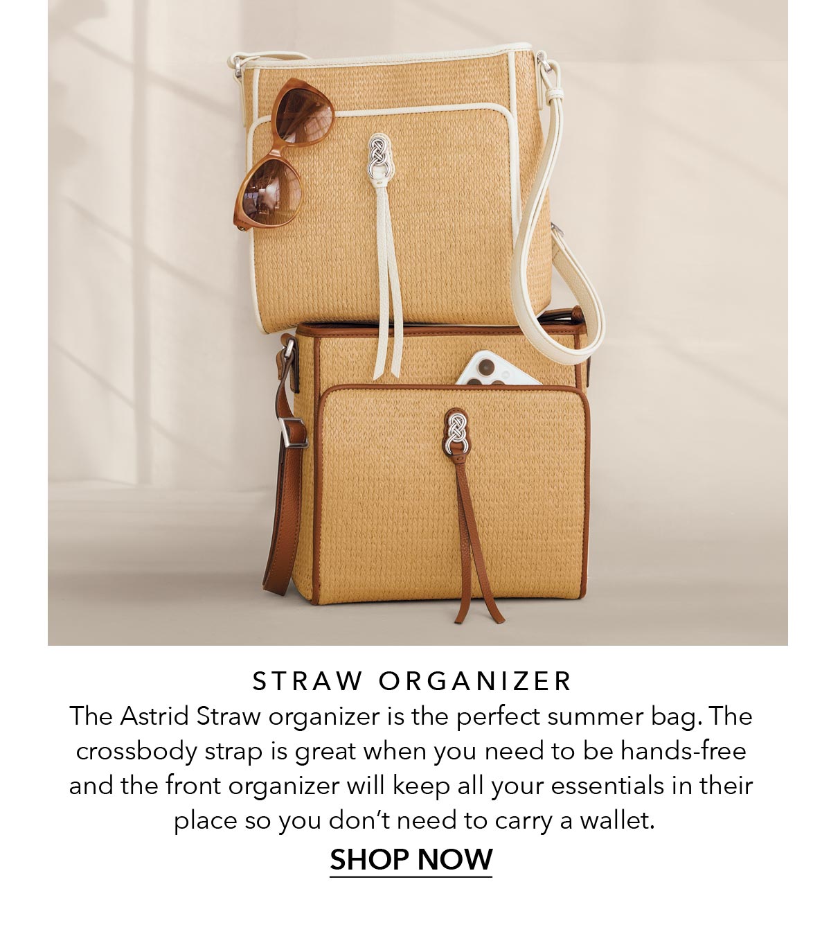 Straw Organizer - The Astrid Straw organizer is the perfect summer bag. The crossbody strap is great when you need to be hands-free and the front organizer will keep all your essentials in their place so you don't need to carry a wallet. - Shop Now