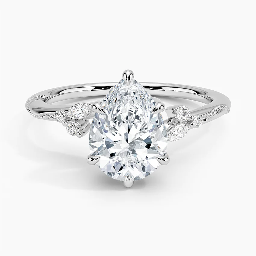 14K White Gold Camellia Milgrain Diamond Ring