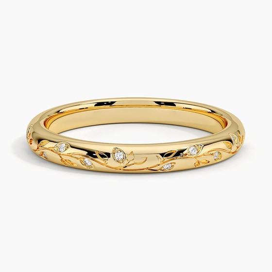 14K Yellow Gold Verdure Engraved Diamond Ring
