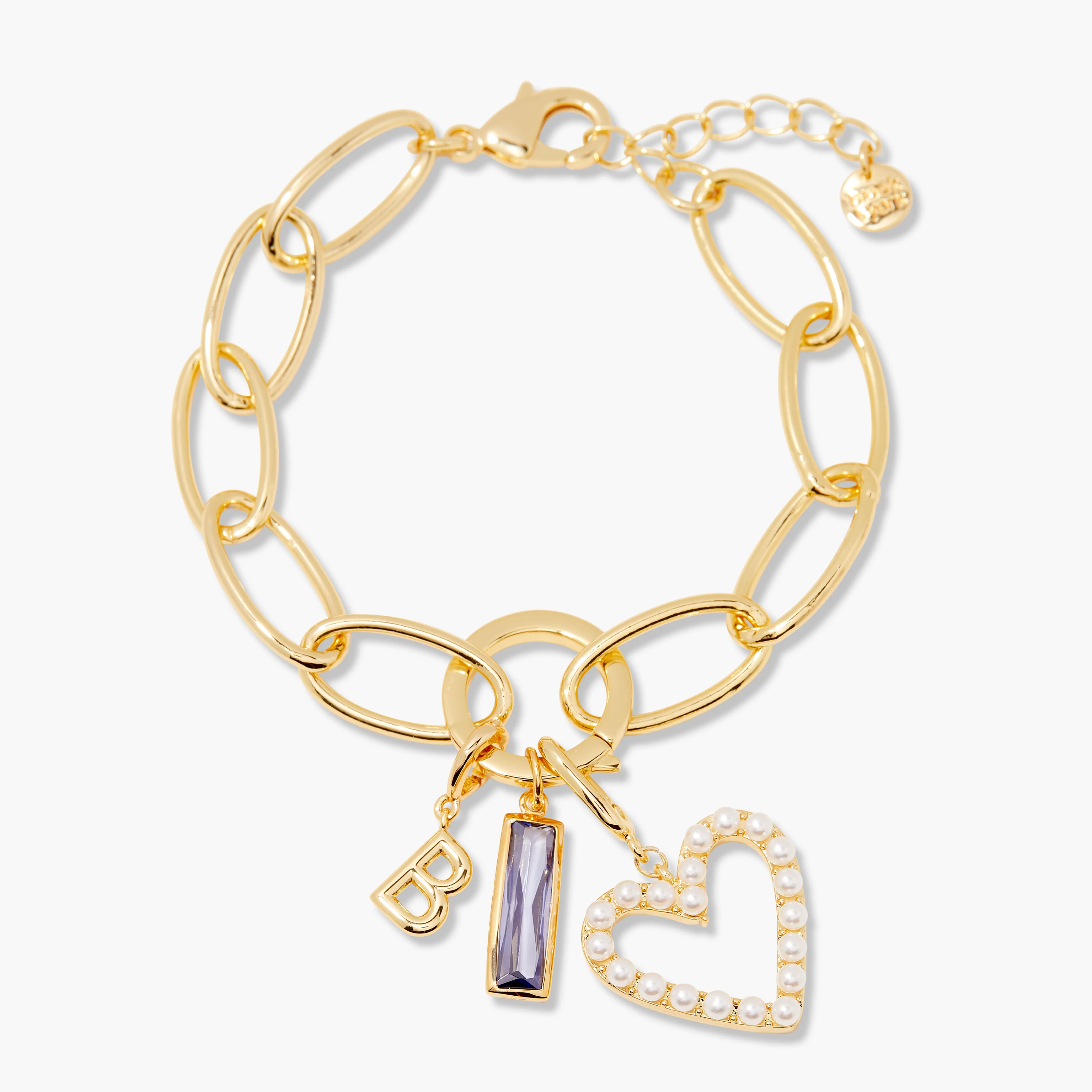 Image of Cami Birthstone Initial Pearl Heart Charm Bracelet