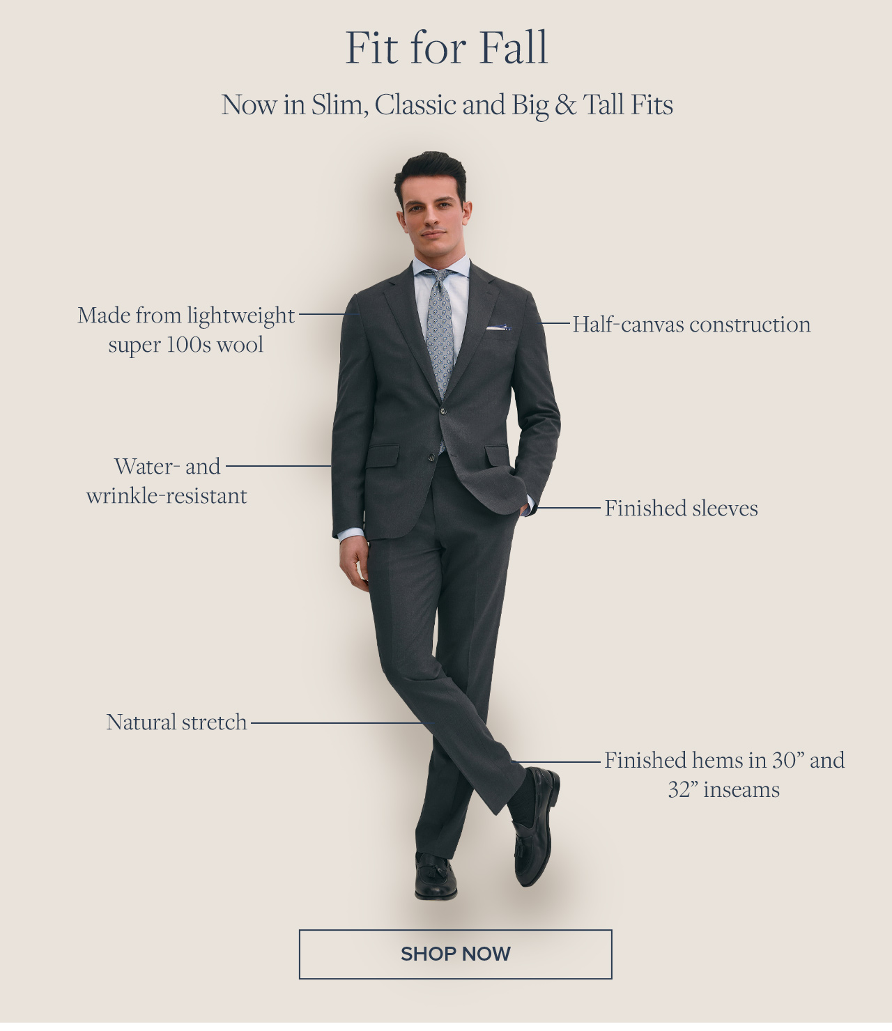 Fit for Fall | Now in Slim, Classic and Big & Tall Fits | Made from lightweight super 100s wool | Half-canvas construction | Water and wrinkle-resistant | Finished sleeves | Natural stretch | Finished hems in 30
