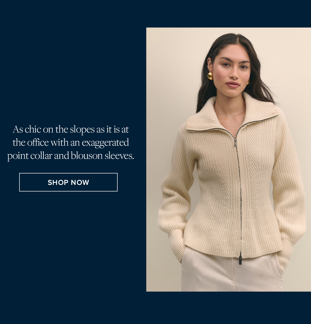 As chic on the slopes as it is at the office with an exaggerated point collar and blouson sleeves. | Shop Now