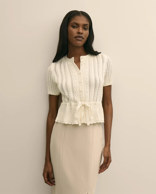 Image of Short-Sleeve Pointelle Peplum Cardigan