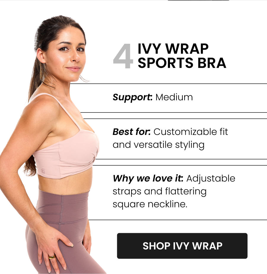 #4 Ivy Wrap Sports Bra - Pink Gingham Support: Medium Best for: Customizable fit and versatile styling Why we love it: Adjustable straps and flattering square neckline. Ivy Wrap gives you tailored support with a clean, flattering finish that works from studio to street. CTA: [SHOP IVY WRAP]