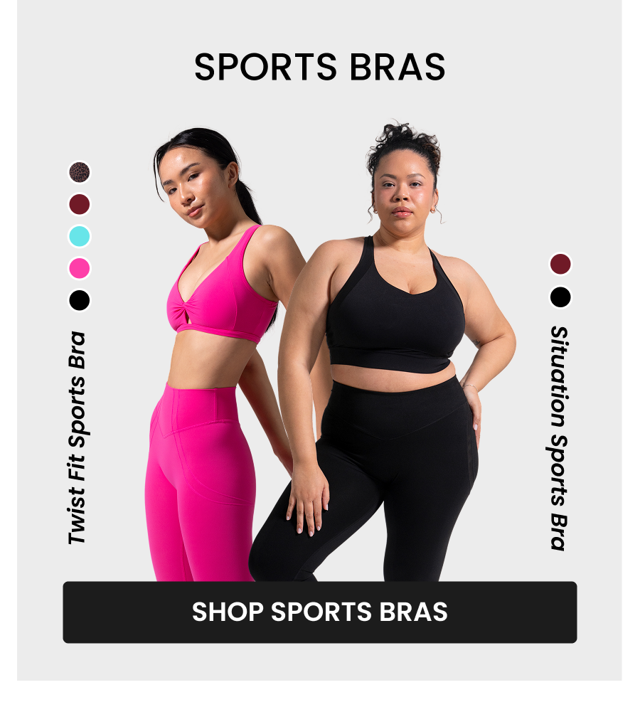  Sports Bras Twist Fit Sports Bra (Choose: Miami Vice, Teal Me Later, Onyx Black) Situation Sports Bra (Choose: Vineyard, Onyx Black) CTA: [SHOP SPORTS BRAS]