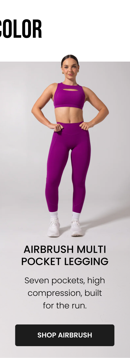 Airbrush Multi Pocket Legging Seven pockets, high compression, built for the run. CTA: [SHOP AIRBRUSH]