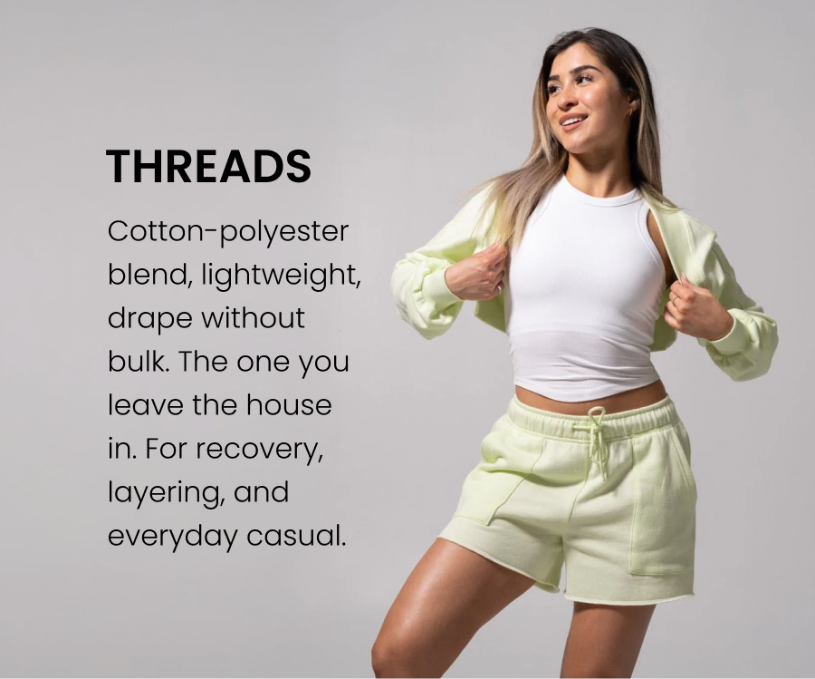 Threads: Cotton-polyester blend, lightweight, drape without bulk. The one you leave the house in. For recovery, layering, and everyday casual.