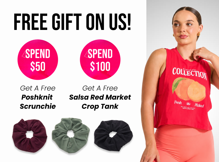 Free Gift. On Us.  Spend $50, get a Poshknit Scrunchie.  Spend $100, get a Market Crop Tank.