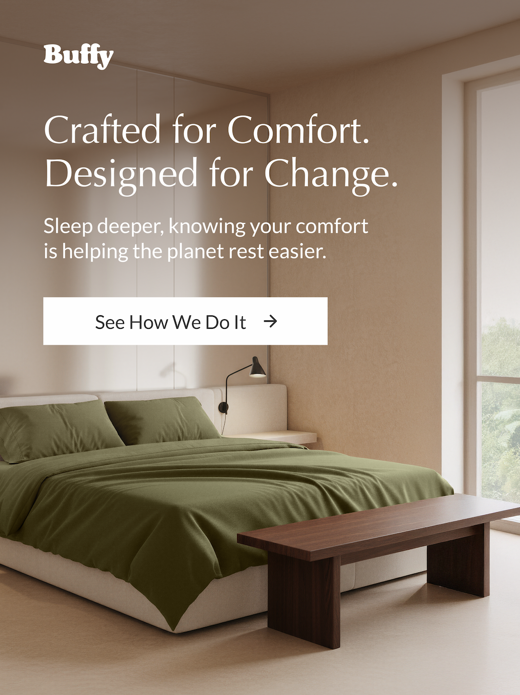 Buffy sustainable bedding made from recycled materials and eucalyptus TENCEL — cooling comfort designed for better sleep.”
