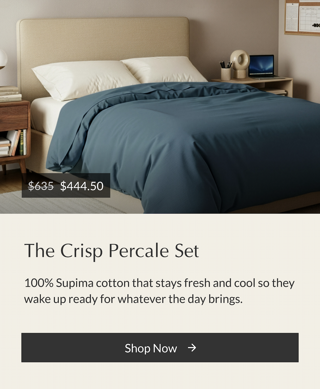 Buffy Crisp Percale Set — breathable cotton bedding that keeps students fresh and cool.