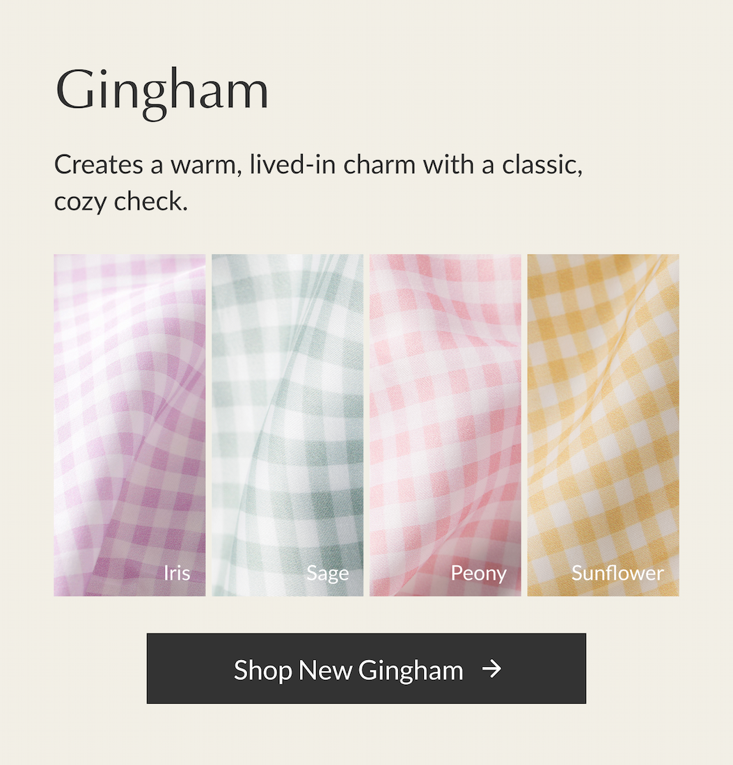 Buffy Gingham Breeze Duvet Cover swatches in Iris, Sage, Peony, and Sunflower