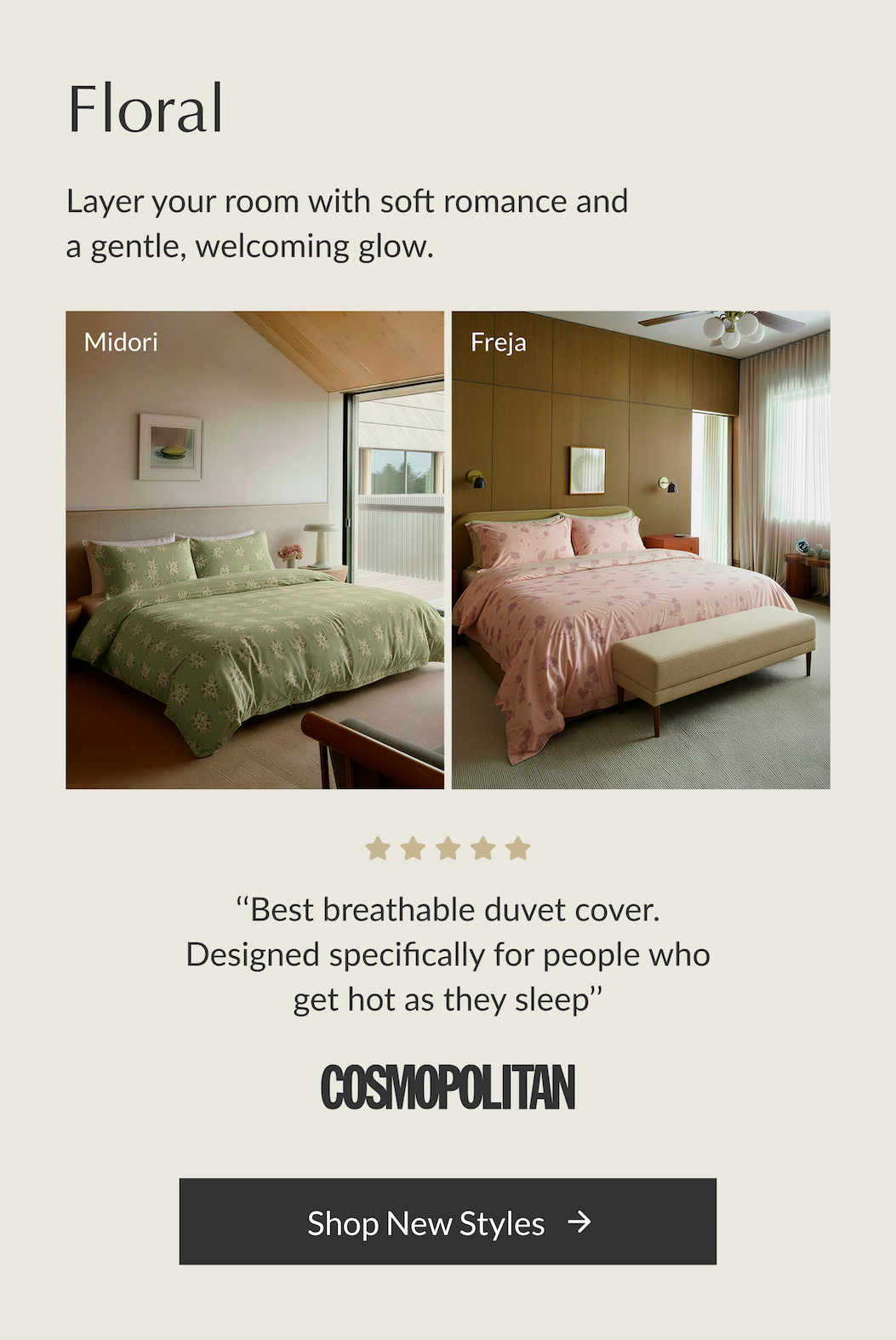 Buffy Floral Breeze Duvet Covers in Midori and Freja styled bedroom looks