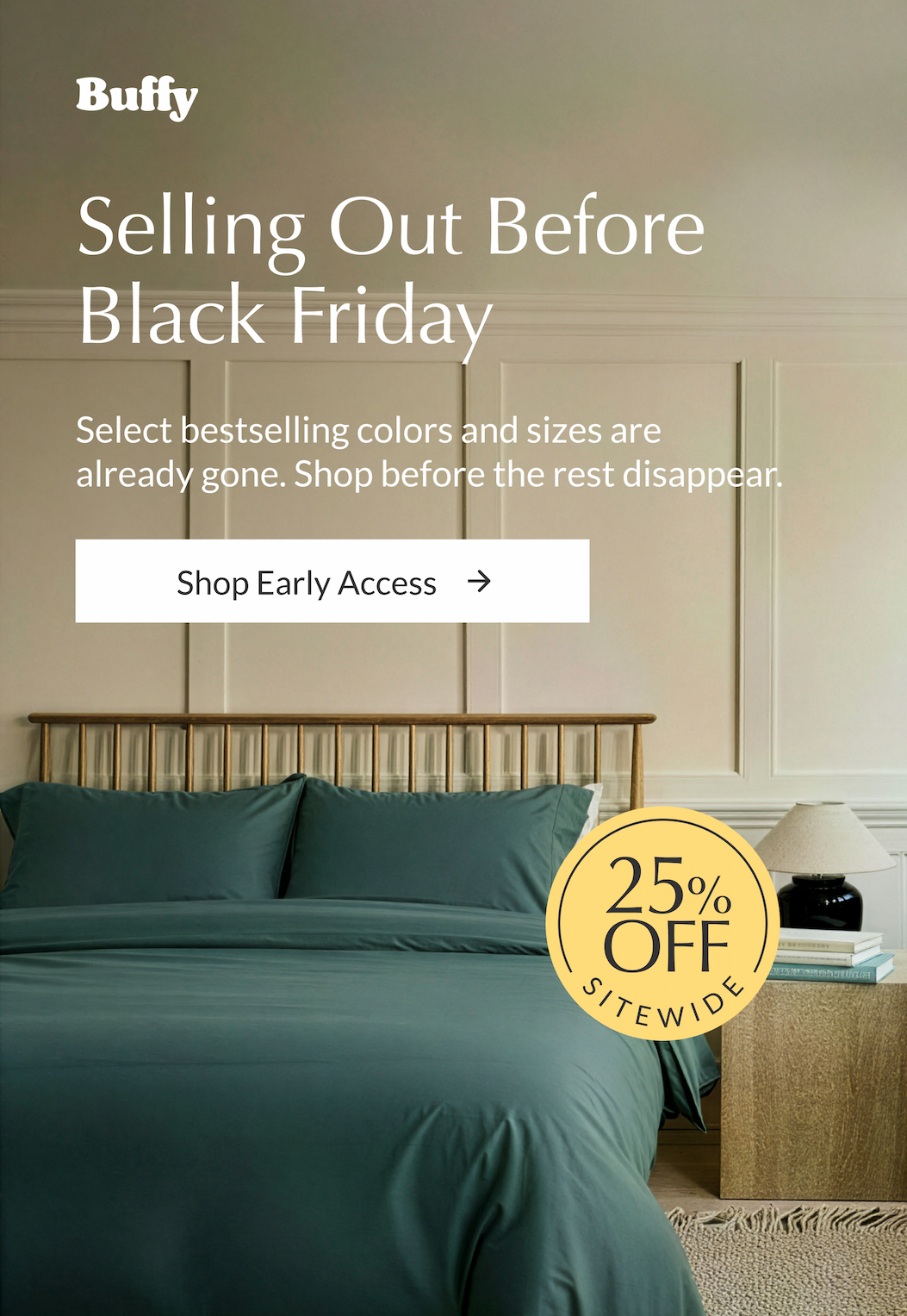 Buffy Black Friday Early Access sale featuring bestselling Breeze bedding in premium cooling materials.